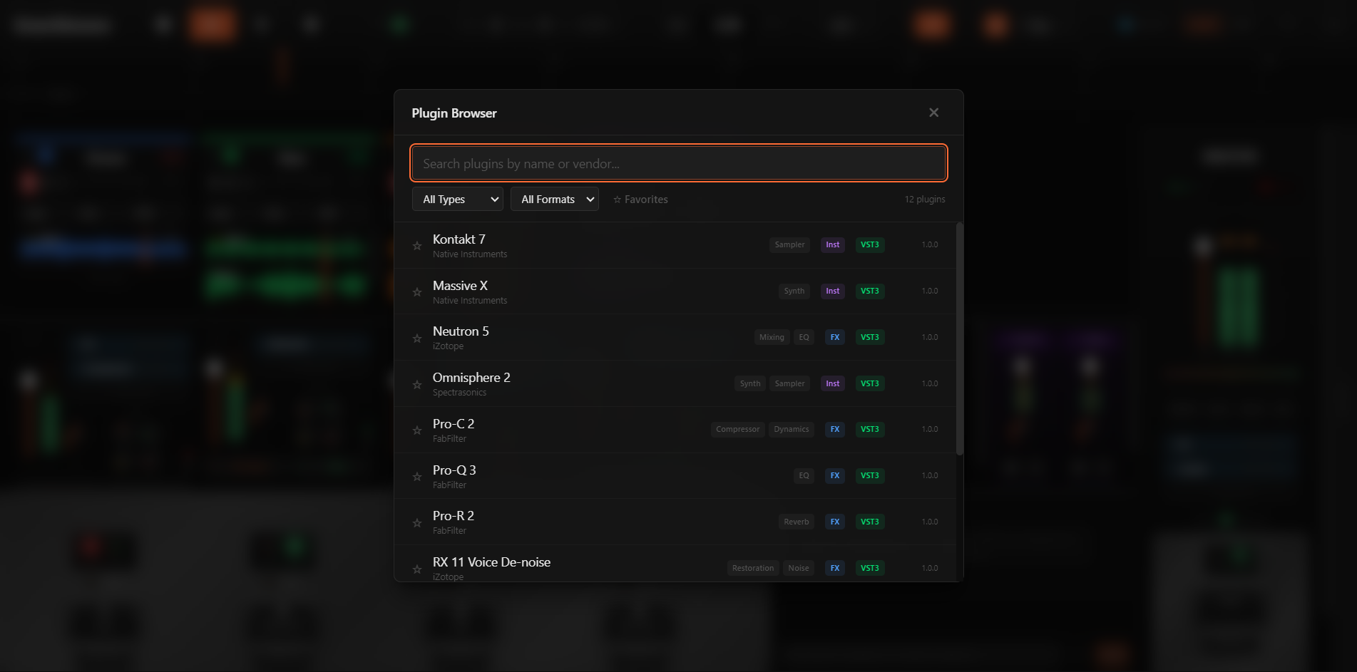 The Plugin Browser modal listing twelve discovered plugins by vendor and format (VST3 + CLAP), open over the DAW session.